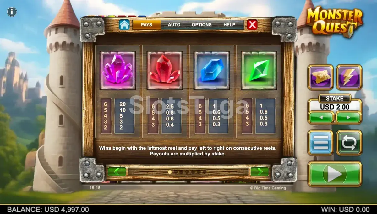 Tabela de pagamentos da Monster Quest com valores dos símbolos