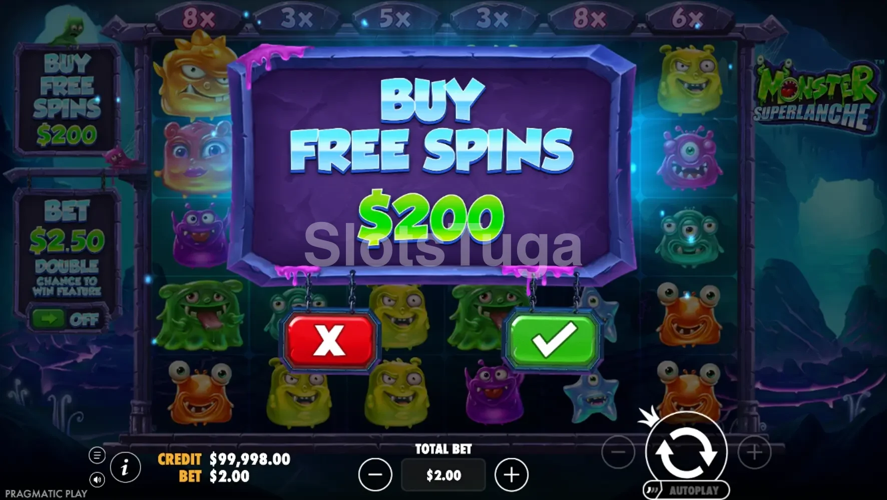 Interface de compra de bônus da Monster Superlanche com opções de Bonus Buy