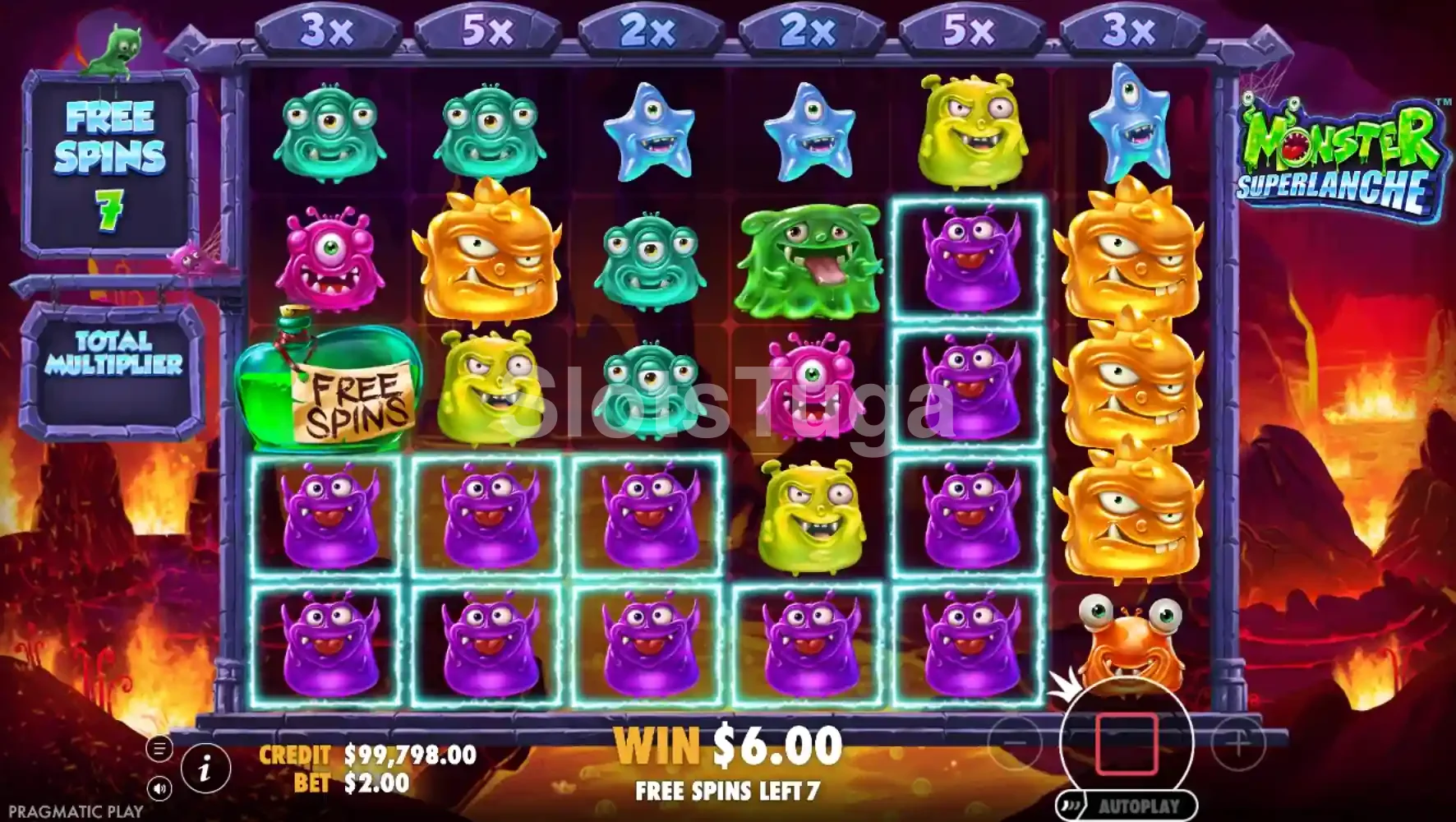Rodada de Free Spins ativada na Monster Superlanche com multiplicador acumulado