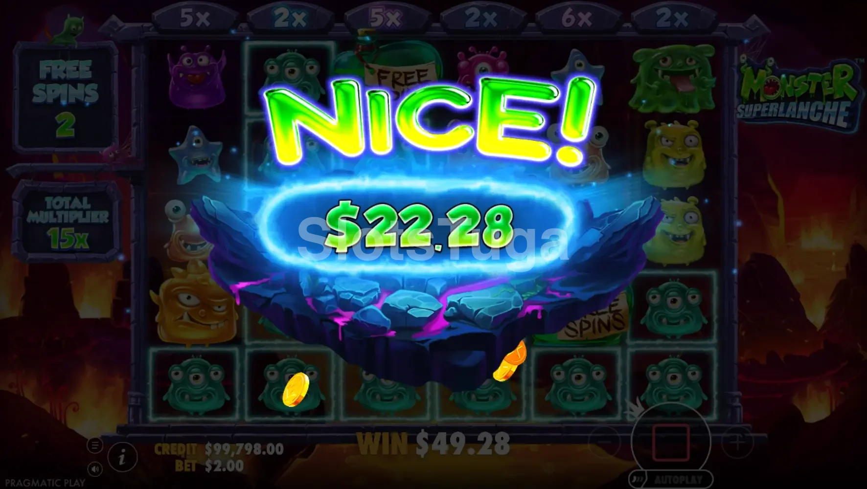 Grande vitória na Monster Superlanche com animação de big win na tela