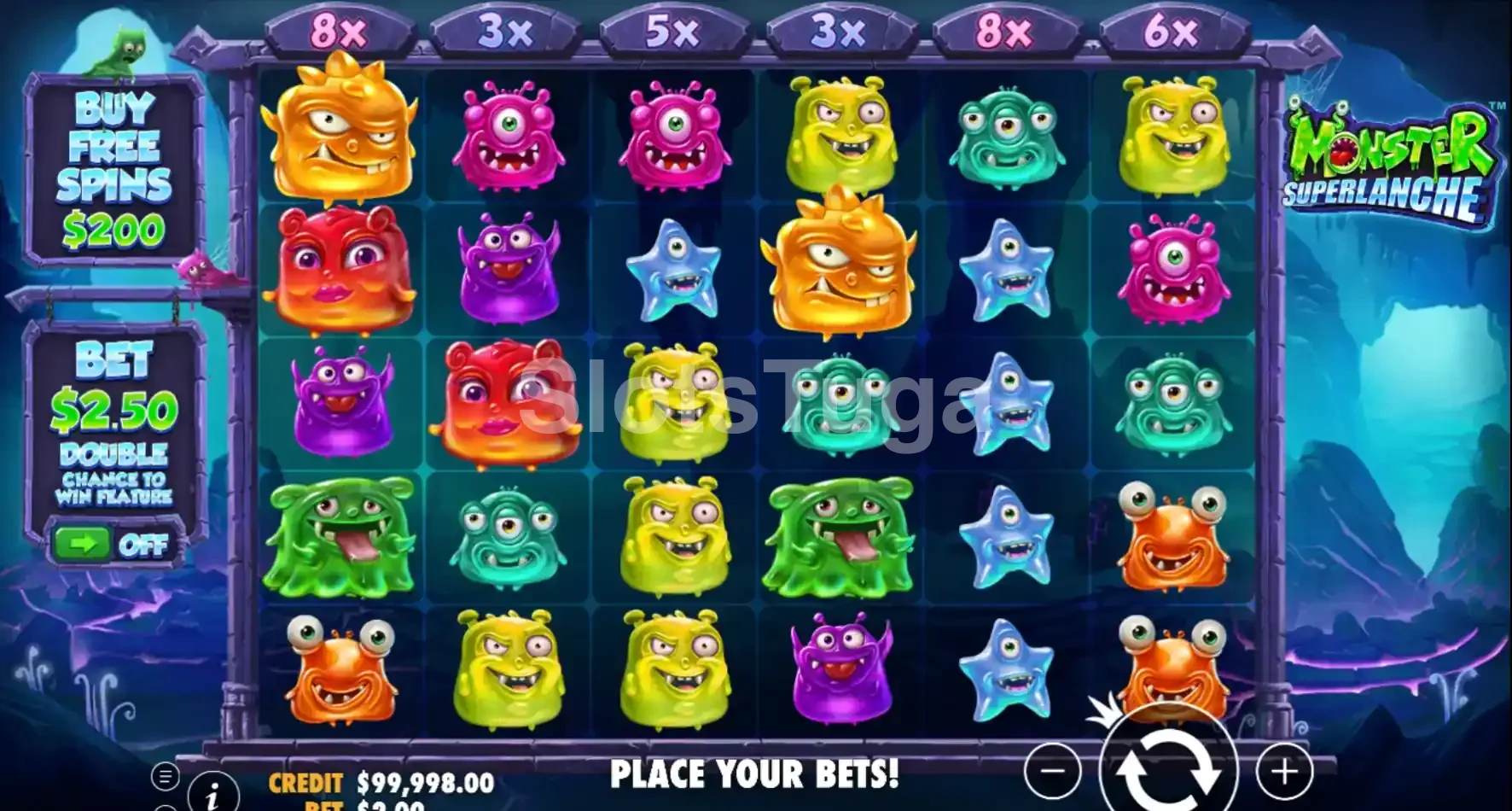 Tela principal do jogo Monster Superlanche com monstros coloridos nos rouleaux