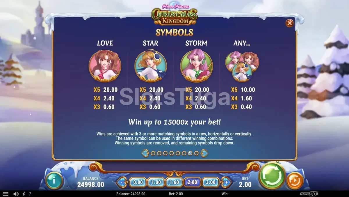 Tabela de pagamentos da Moon Princess Christmas Kingdom mostrando os símbolos e valores