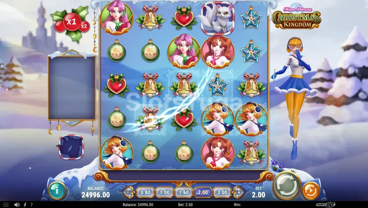 Tela principal do jogo Moon Princess Christmas Kingdom com as três princesas e o grid natalino