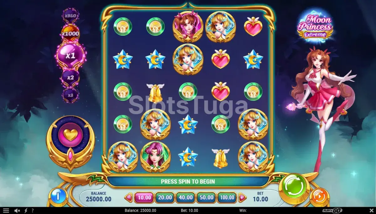 Tela principal do slot Moon Princess Extreme mostrando o grid 5x5 com as princesas