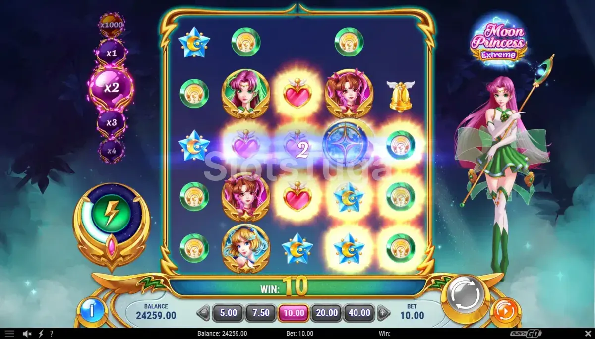 Resultado de rodada com cascata de símbolos no Moon Princess Extreme