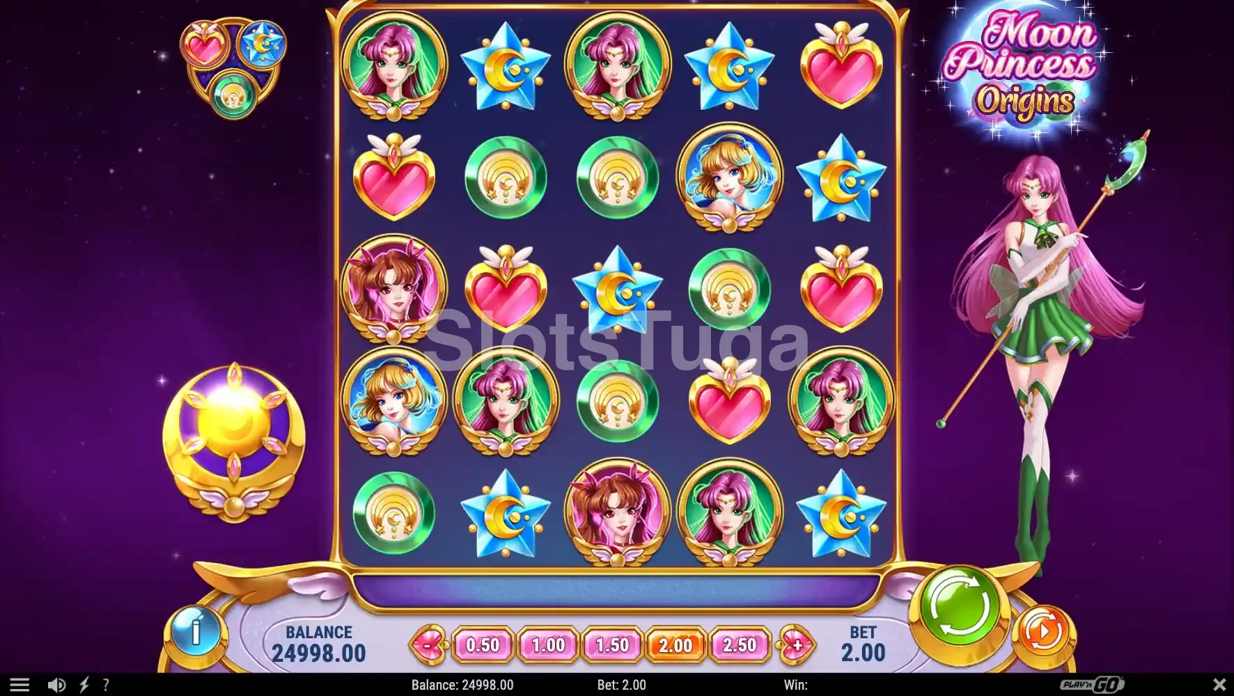 Tela principal do jogo Moon Princess Origins com as três princesas em ação