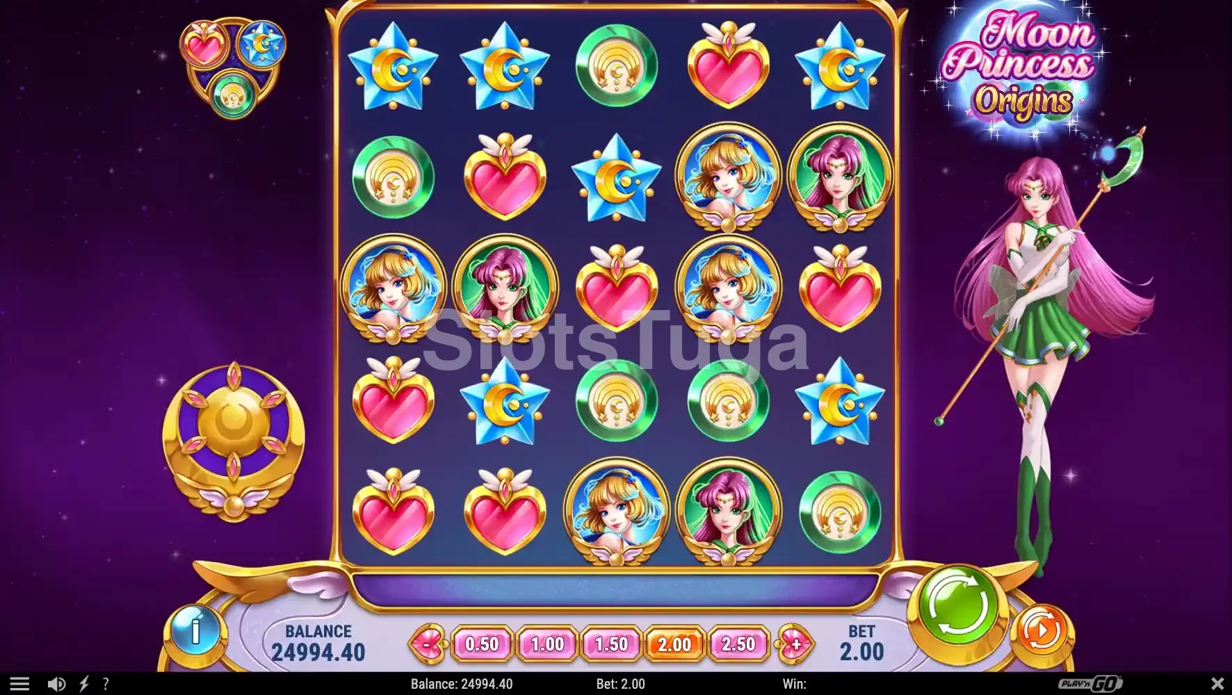 Moon Princess Origins em plena rodada com as princesas ativando seus poderes especiais