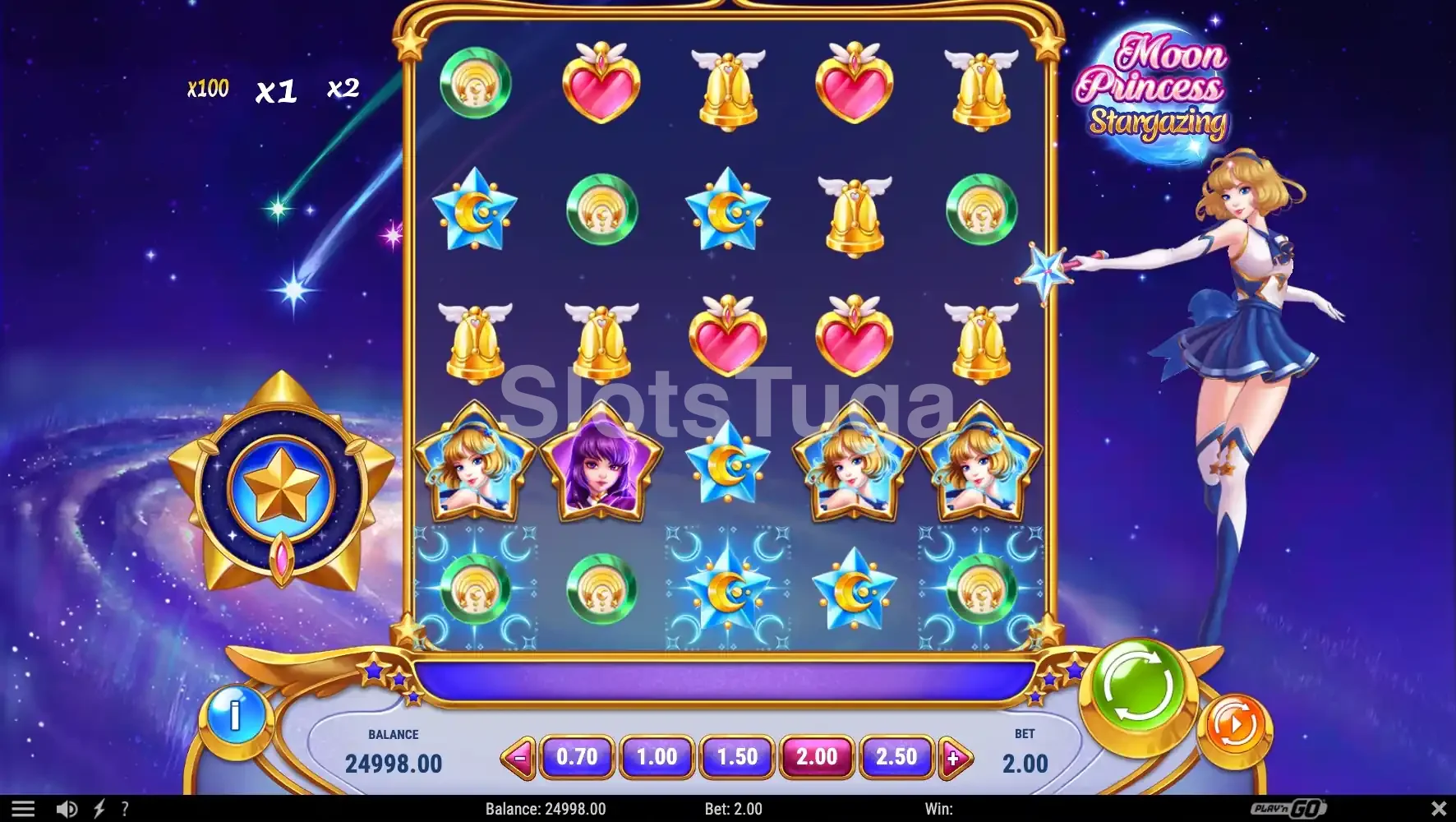Tela principal da slot Moon Princess Stargazing com o grid 5x5 e o fundo estrelado