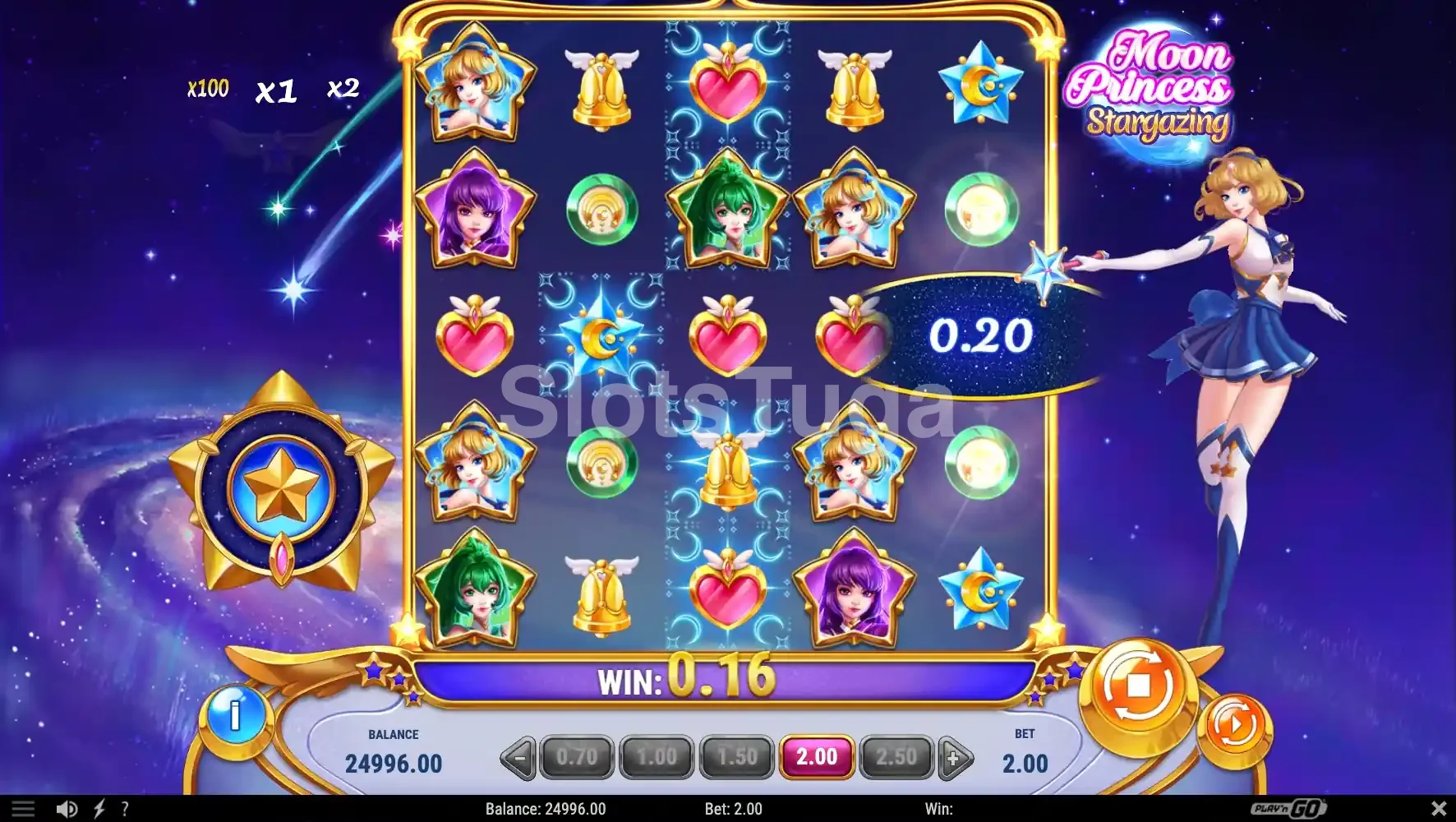 Segunda tela base da Moon Princess Stargazing mostrando o multiplicador e Girl Power em ação