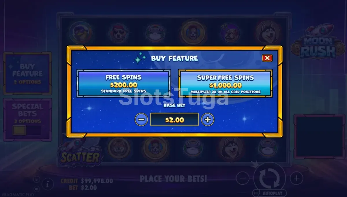 Ecrã de compra de bónus em Moon Rush