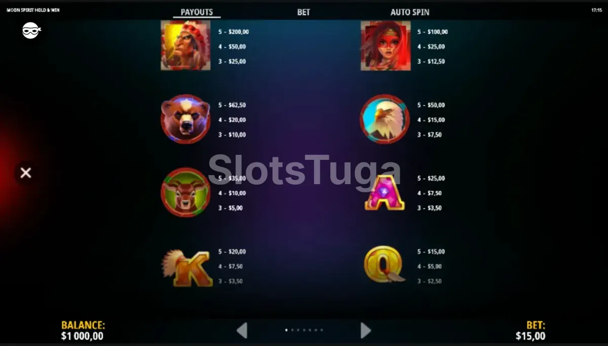 Tabela de pagamentos da Moon Spirit Hold & Win mostrando valores dos símbolos
