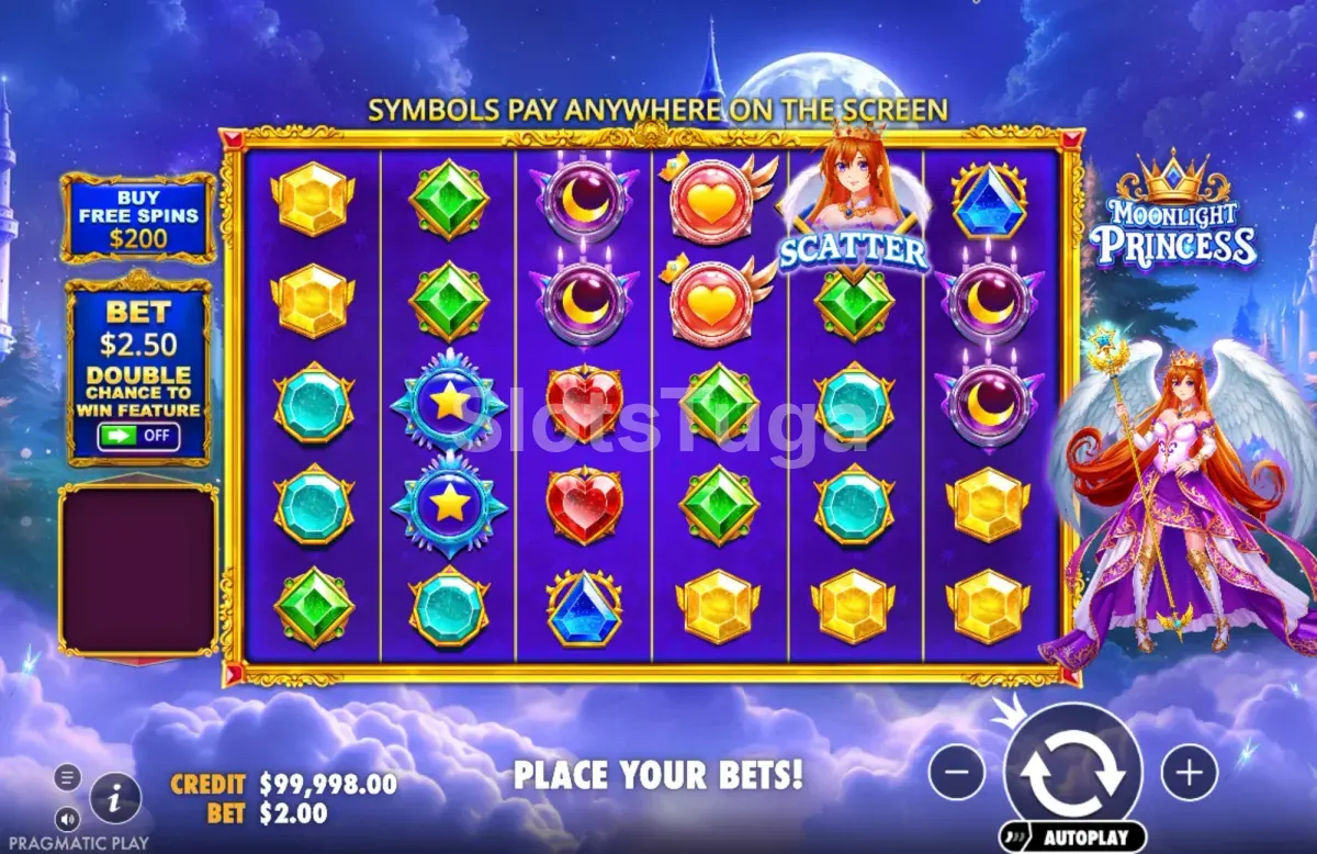 Jogo base da slot Moonlight Princess com grelha de 6 rolos