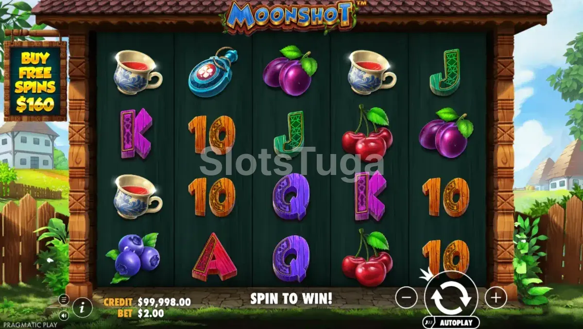 Tela principal do jogo Moonshot com personagens mascarados e rolos coloridos