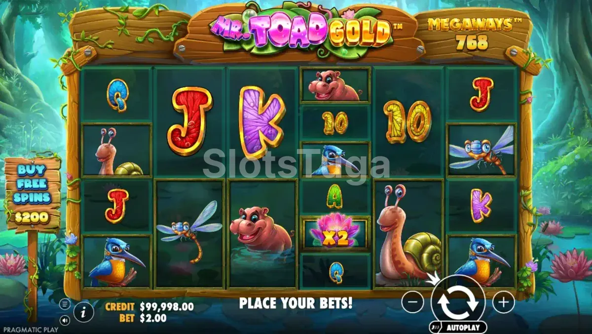 Jogo base do Mr Toad Gold Megaways com cenário de floresta e lagoa