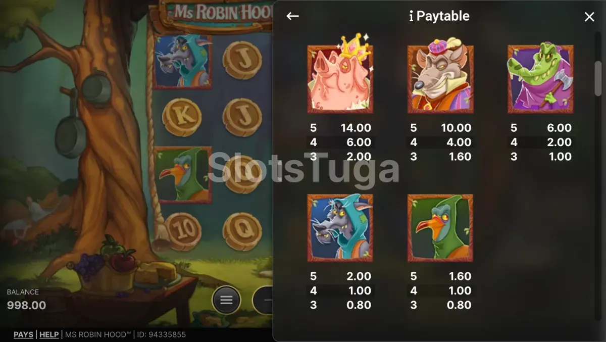 Tabela de pagamentos da slot Ms Robin Hood mostrando os símbolos e seus valores