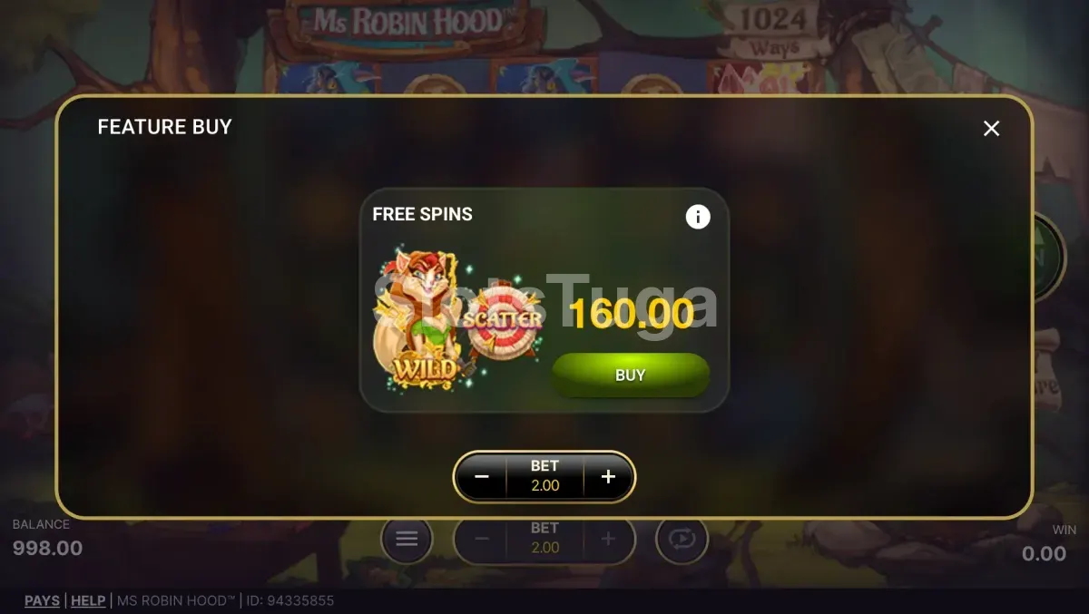 Tela de compra de bônus da slot Ms Robin Hood com as opções disponíveis