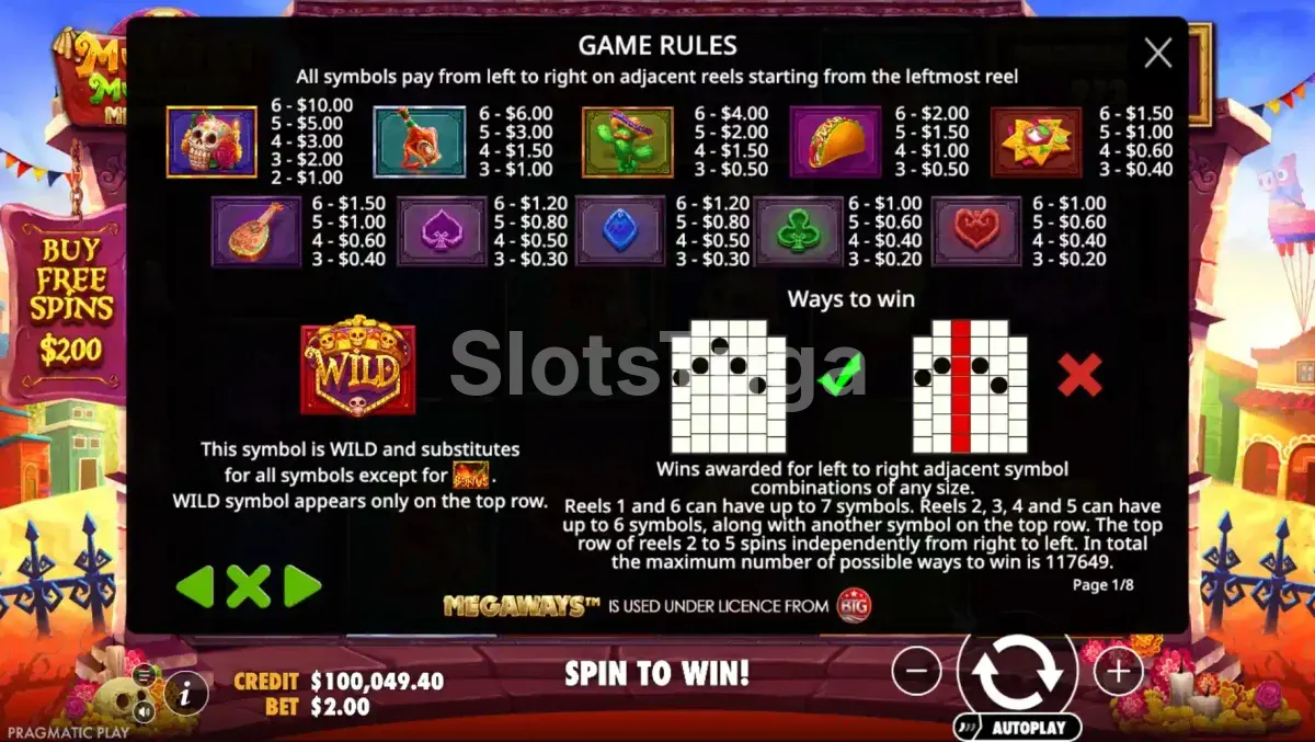 Tabela de pagamentos do Muertos Multiplier Megaways mostrando os símbolos e seus valores