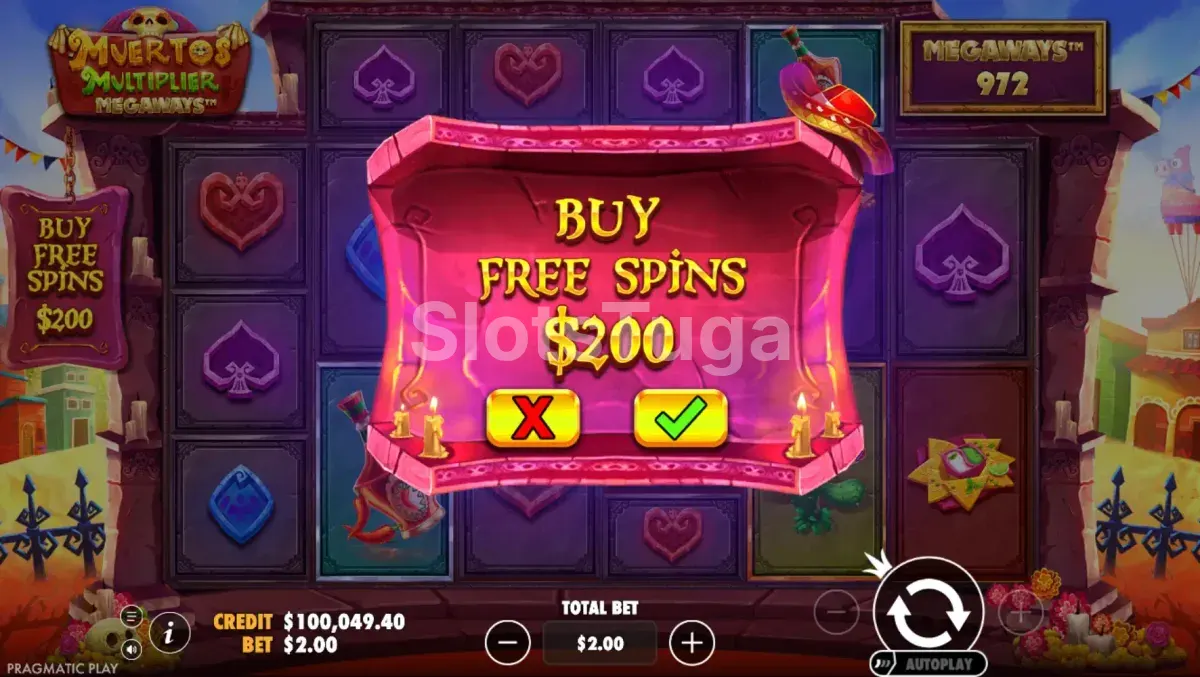 Tela de compra de bônus do Muertos Multiplier Megaways com opções de Bonus Buy