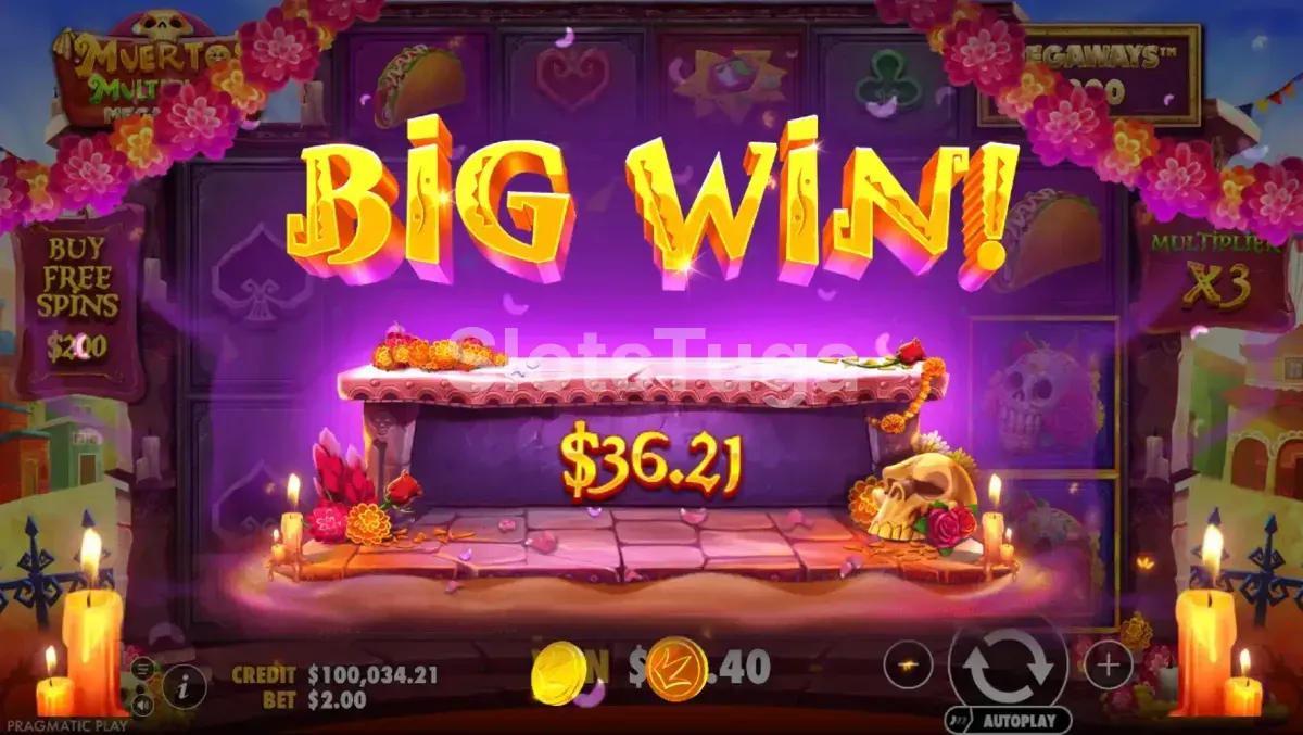 Grande vitória no Muertos Multiplier Megaways com multiplicador alto na tela