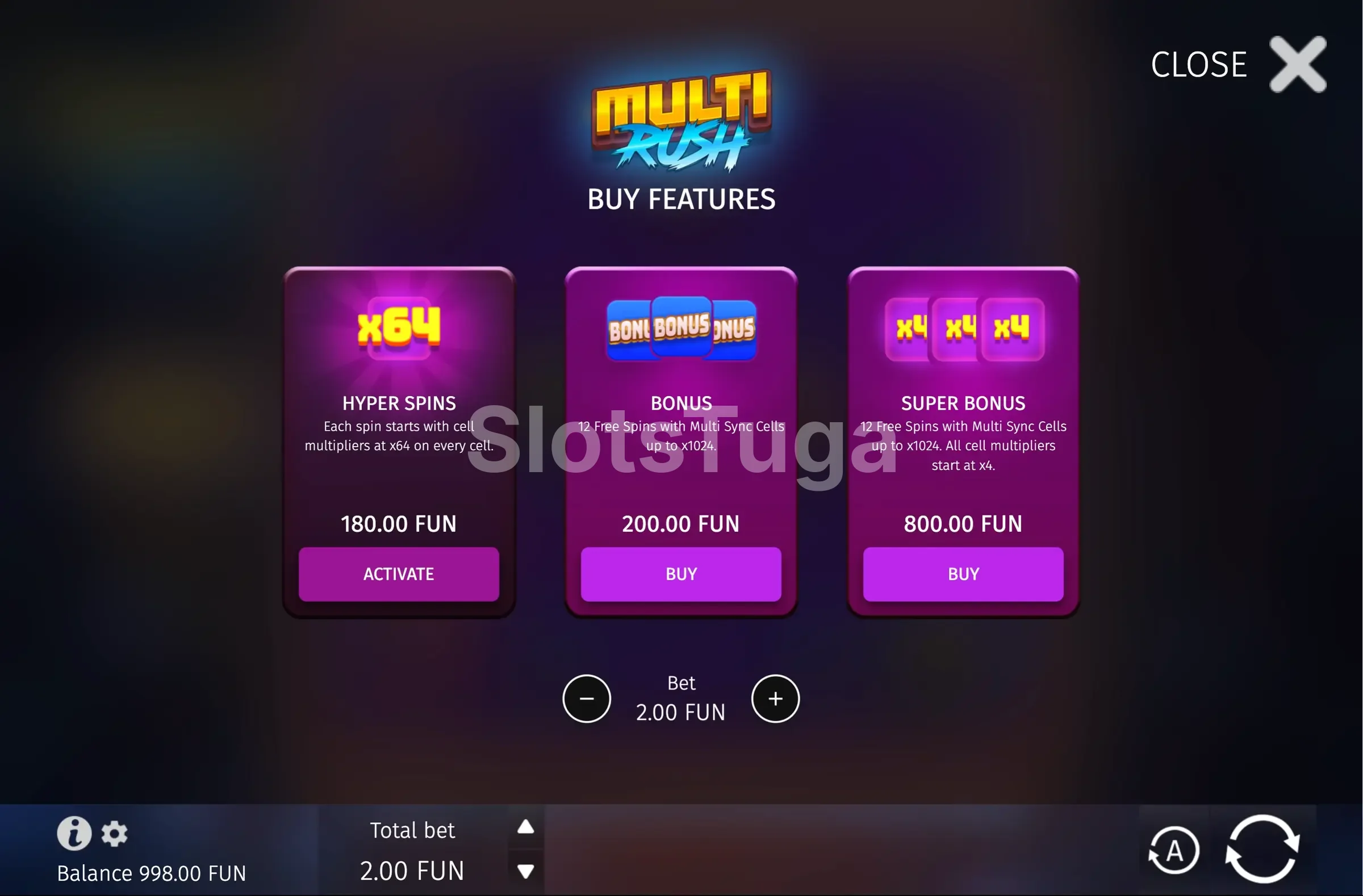 Tela de compra de bônus da Multi Rush com as três opções disponíveis