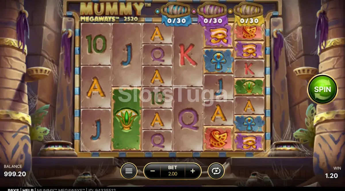 Tela principal do jogo Mummy Megaways com os rolos e espíritos coloridos