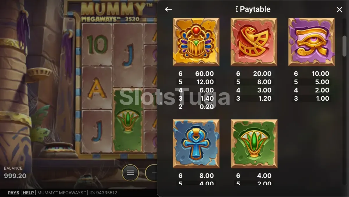 Tabela de pagamentos da Mummy Megaways mostrando prêmios e símbolos
