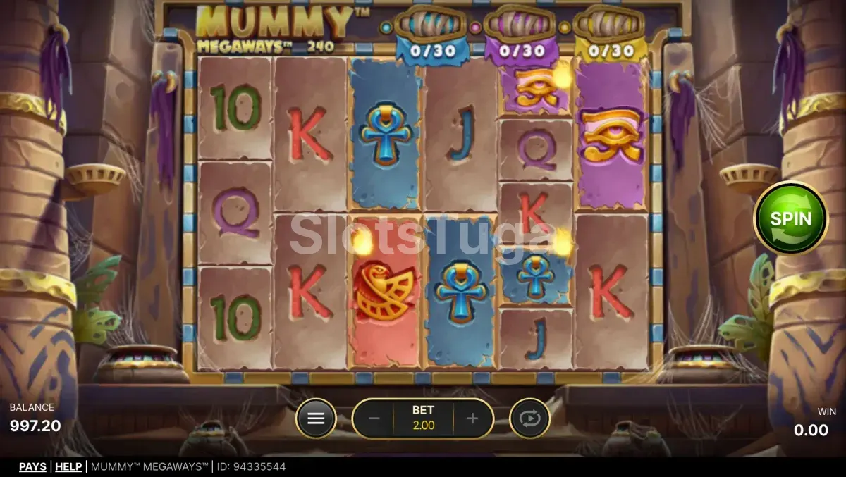 Segunda tela de jogo da Mummy Megaways mostrando combinações vencedoras