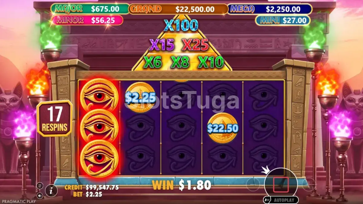 Rodada de giros grátis do Mummy's Jewels 100 com multiplicadores ativos