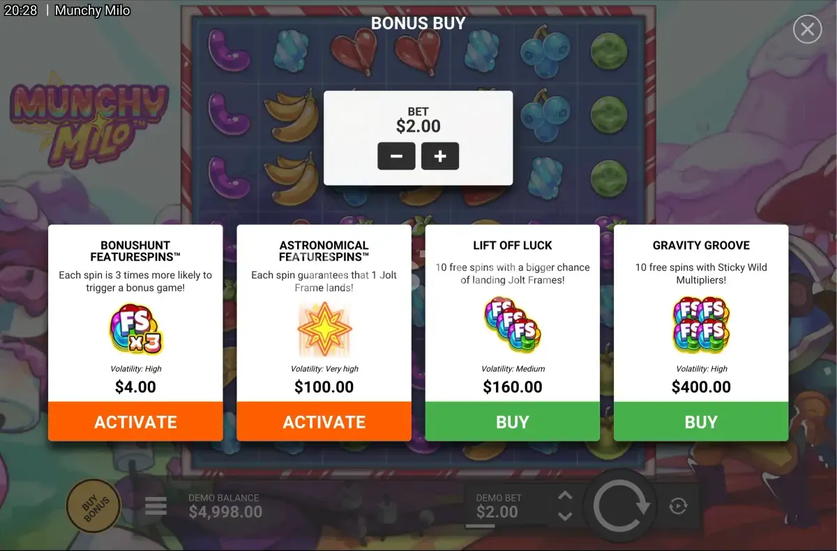 Tela de compra de bônus do Munchy Milo com opções disponíveis
