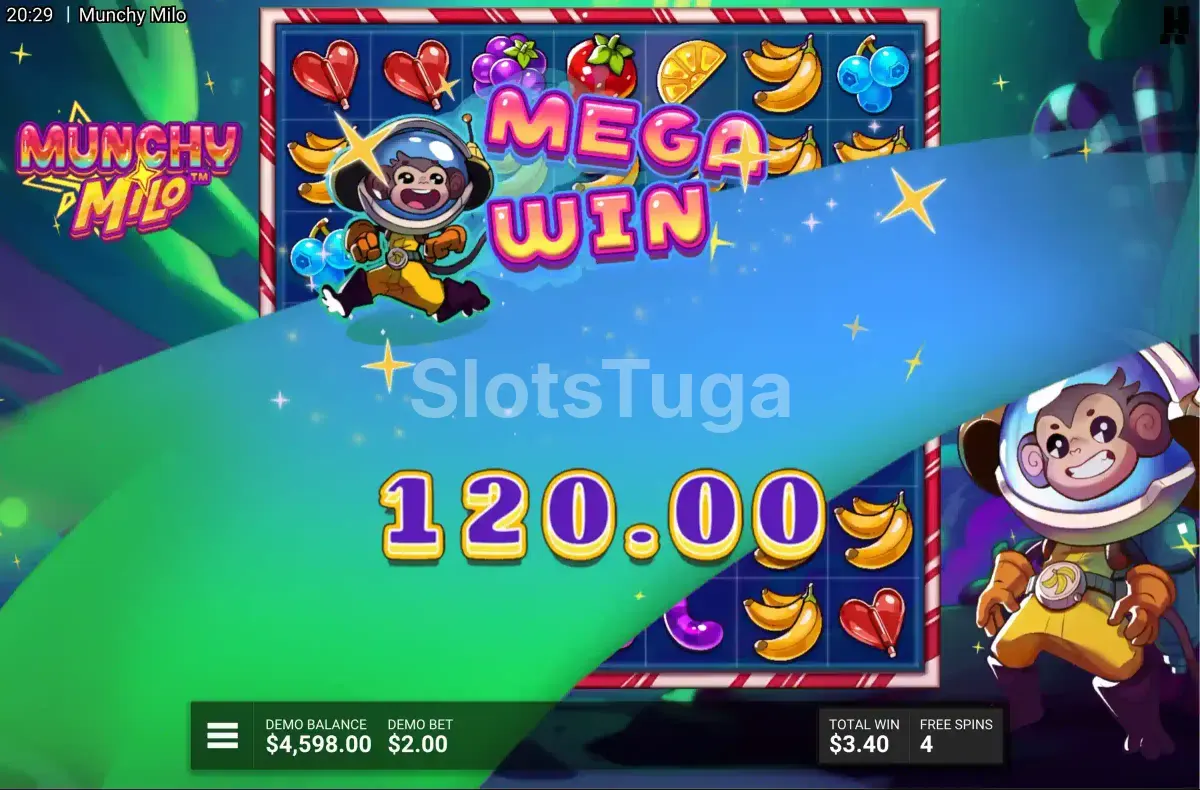Grande vitória no Munchy Milo com tela de big win iluminada