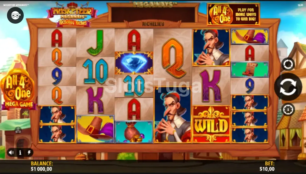 Jogo base do Musketeer Megaways com os seis rolos em ação