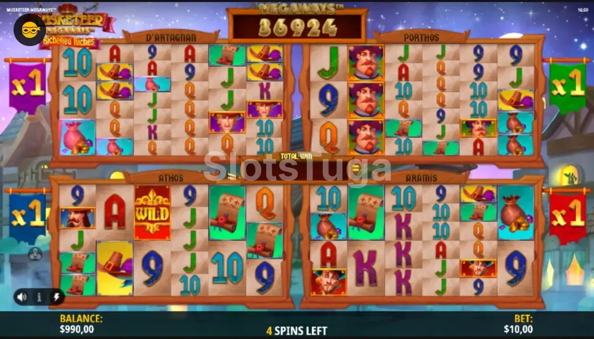 Rodada de giros grátis do Musketeer Megaways com multiplicadores ativos