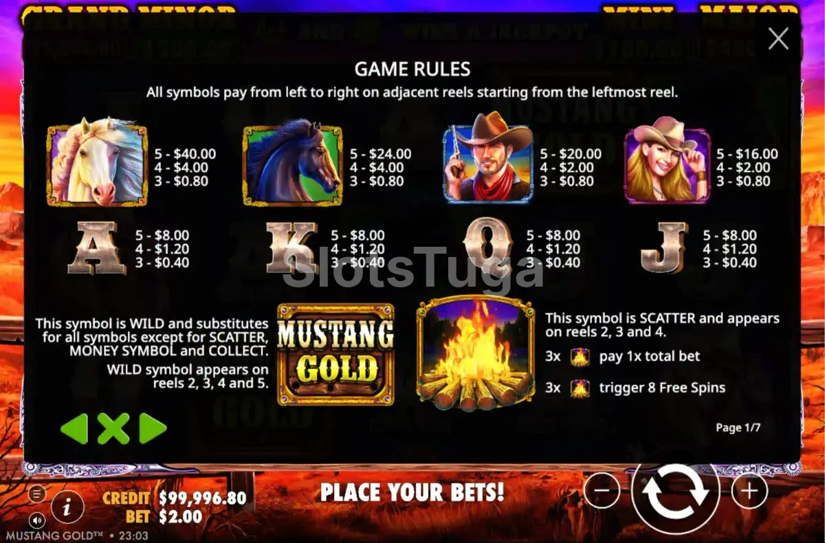 Tabela de pagamentos da Mustang Gold com símbolos e valores