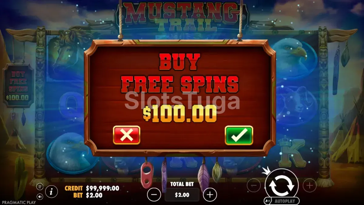 Tela de compra de bônus da Mustang Trail com opção de free spins
