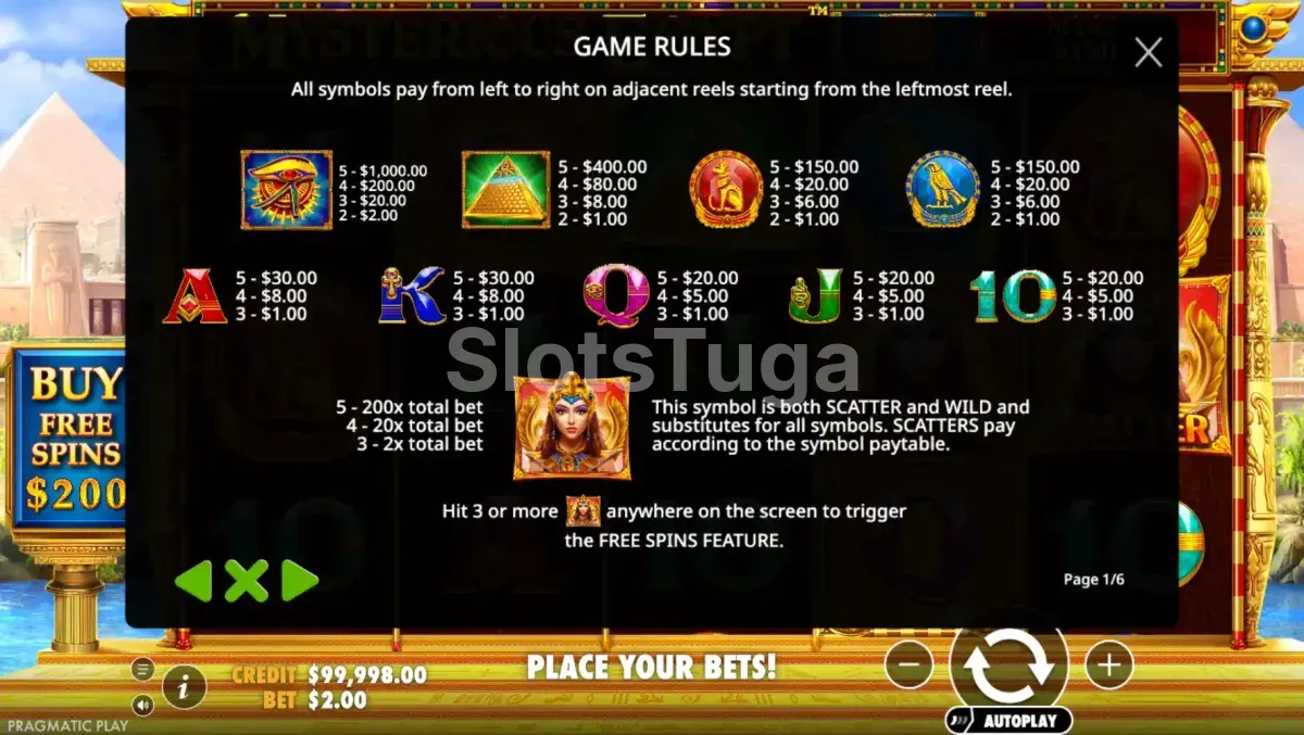 Tabela de pagamentos da slot Mysterious Egypt da Pragmatic Play