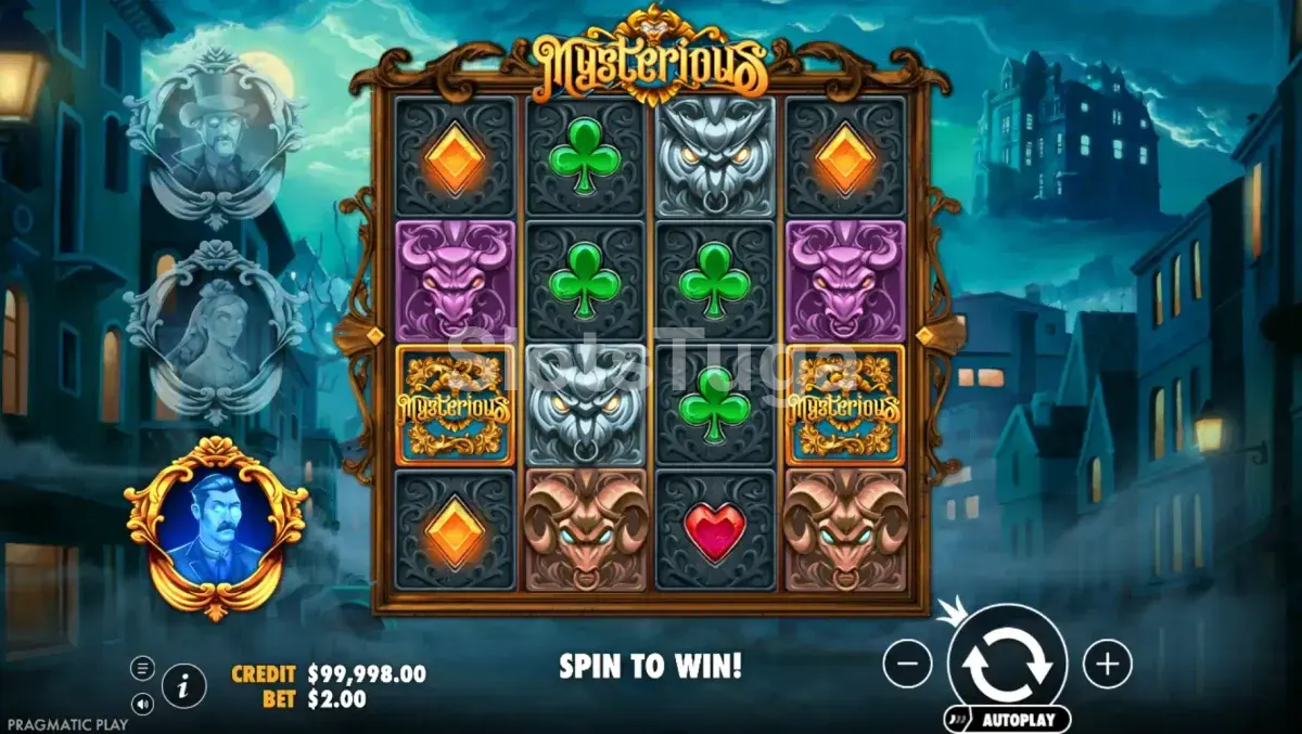 Tela principal da slot Mysterious com a vila vitoriana ao fundo