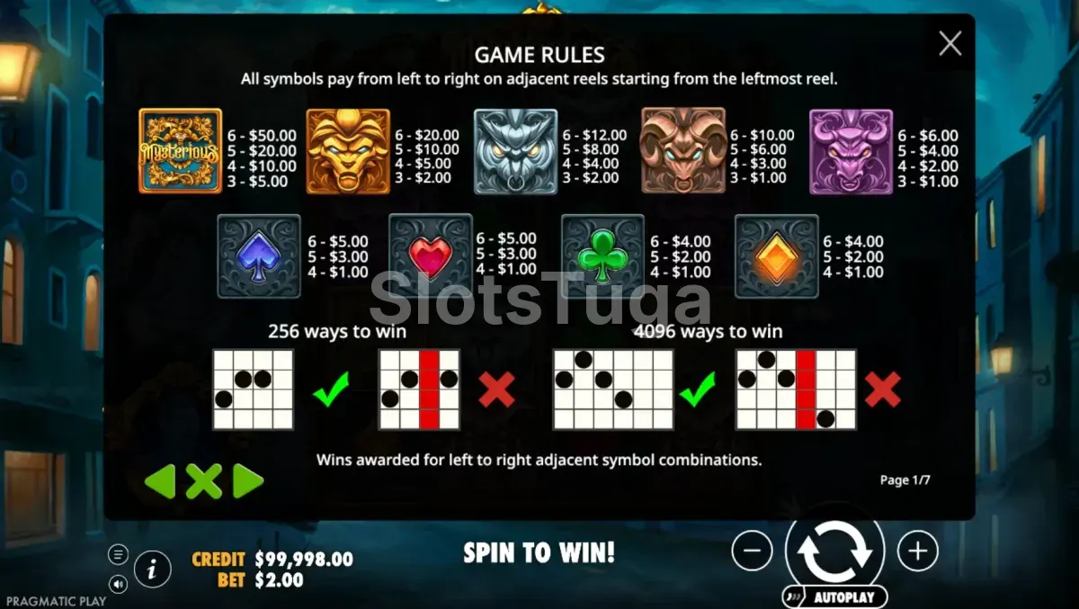 Tabela de pagamentos da slot Mysterious com símbolos e valores