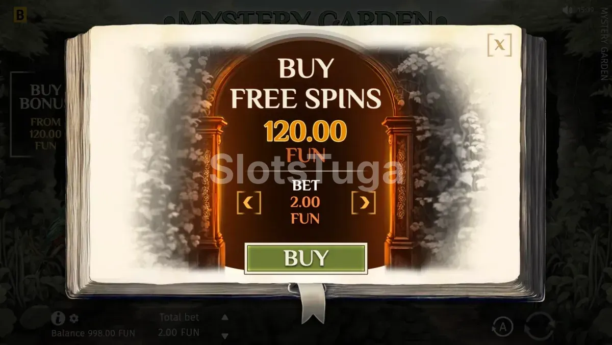 Tela de Bonus Buy da Mystery Garden com opções de compra de bônus