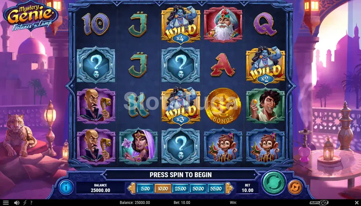 Jogo base da slot Mystery Genie Fortunes of the Lamp com a gênio azul em destaque