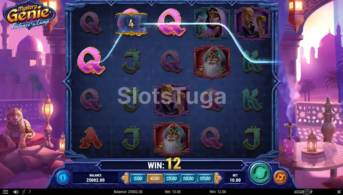 Resultado de rodada com símbolos Mystery revelados na Mystery Genie Fortunes of the Lamp