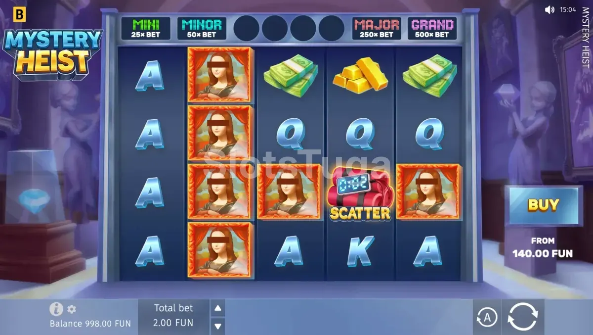 Jogo base da slot Mystery Heist com rouleaux e símbolos do museu