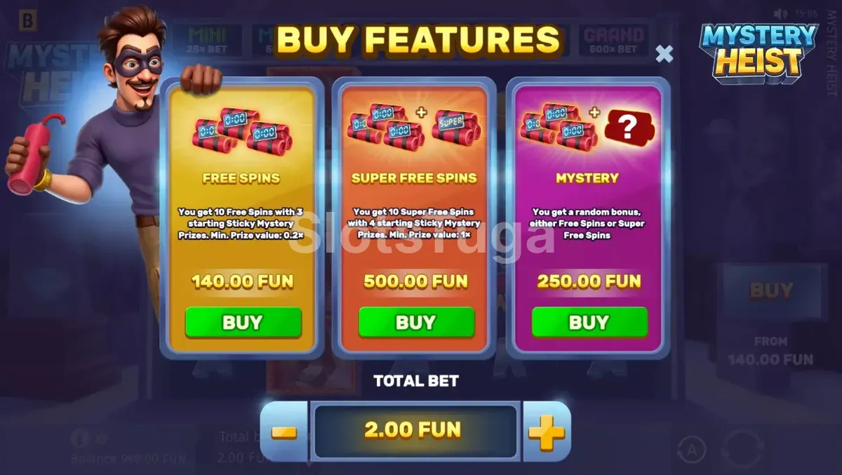 Tela de Bonus Buy da Mystery Heist com opções de rodadas grátis