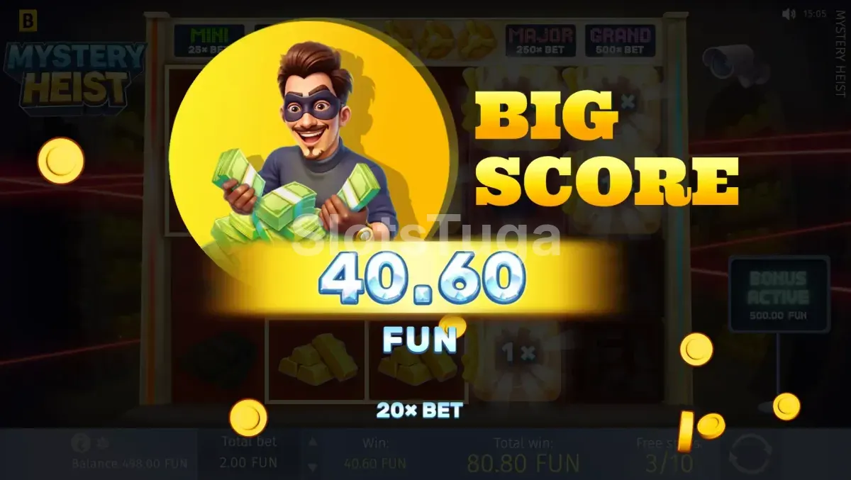 Grande vitória sendo celebrada na slot Mystery Heist