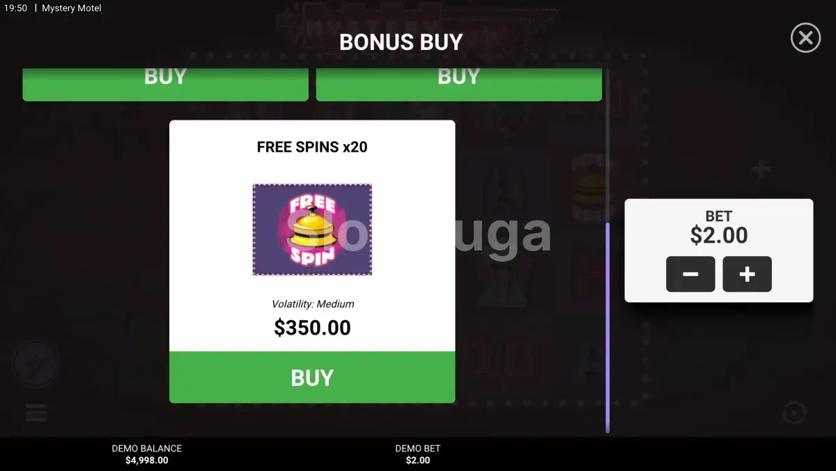 Opções de Bonus Buy disponíveis na Mystery Motel