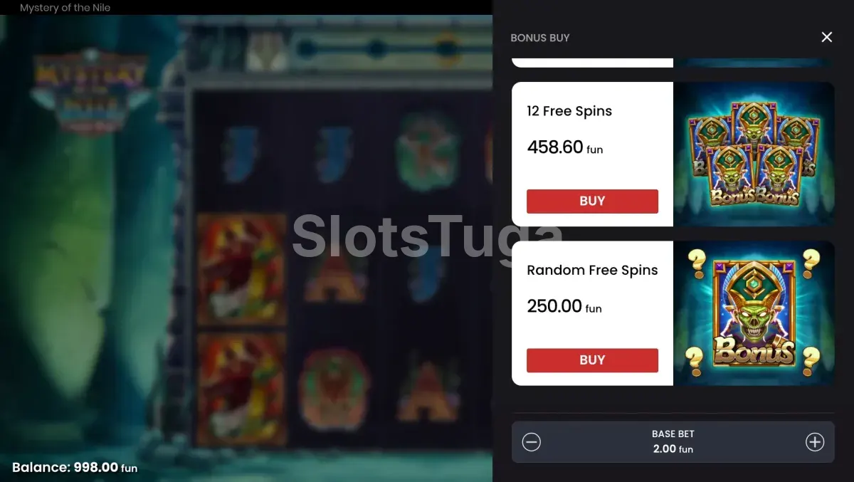 Menu de compra de bônus do Mystery of the Nile com todas as opções