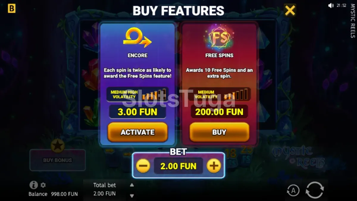 Ecrã de compra de bónus do Mystic Reels