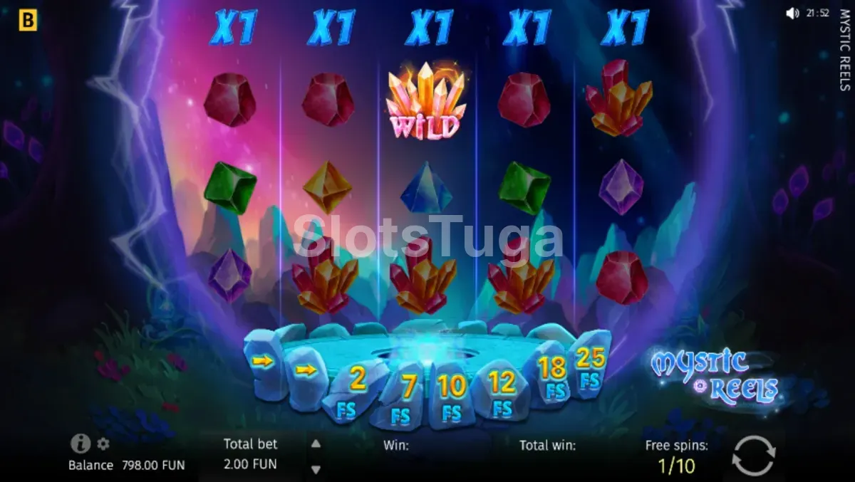 Rodadas grátis do Mystic Reels com multiplicadores por rolo