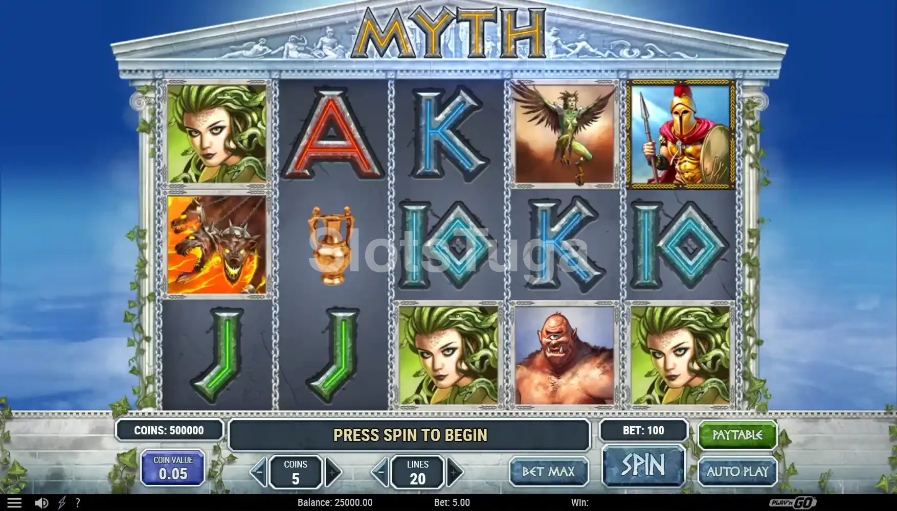 Tela principal do jogo Myth com os rouleaux e símbolos mitológicos