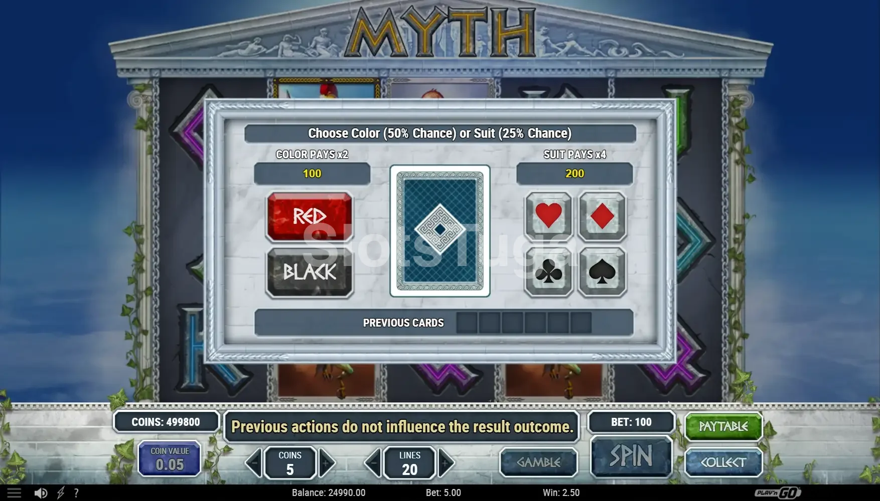 Tela do recurso Gamble da slot Myth para dobrar prêmios