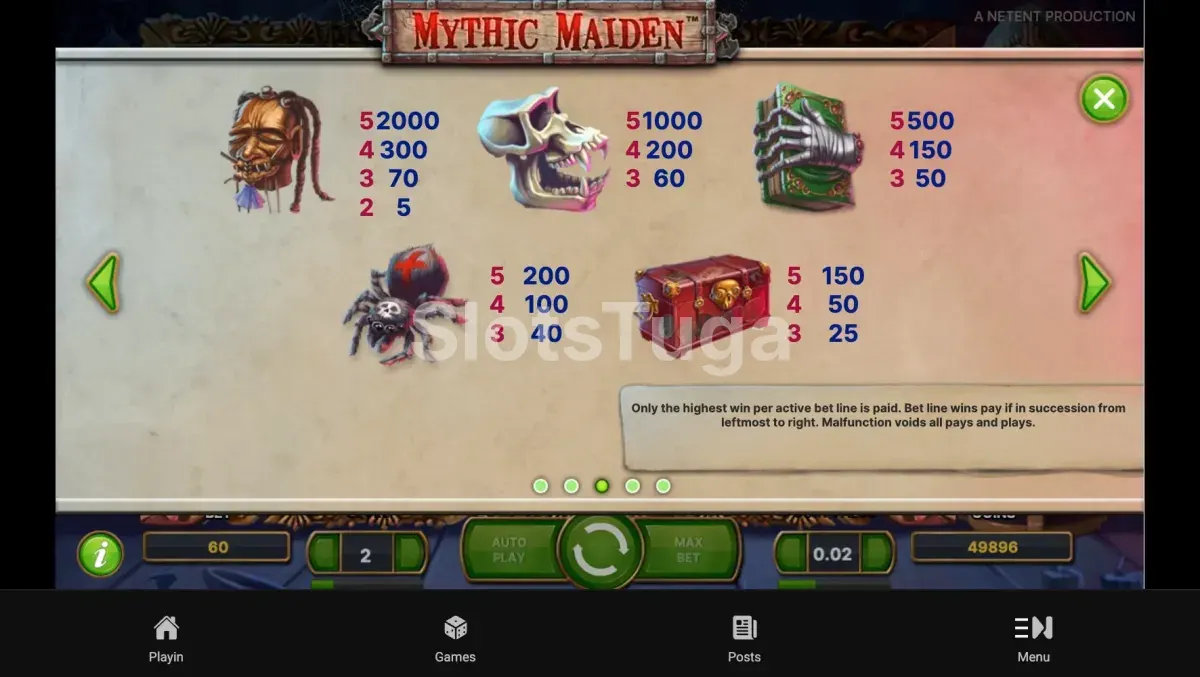 Tabela de pagamentos da Mythic Maiden com todos os símbolos e multiplicadores